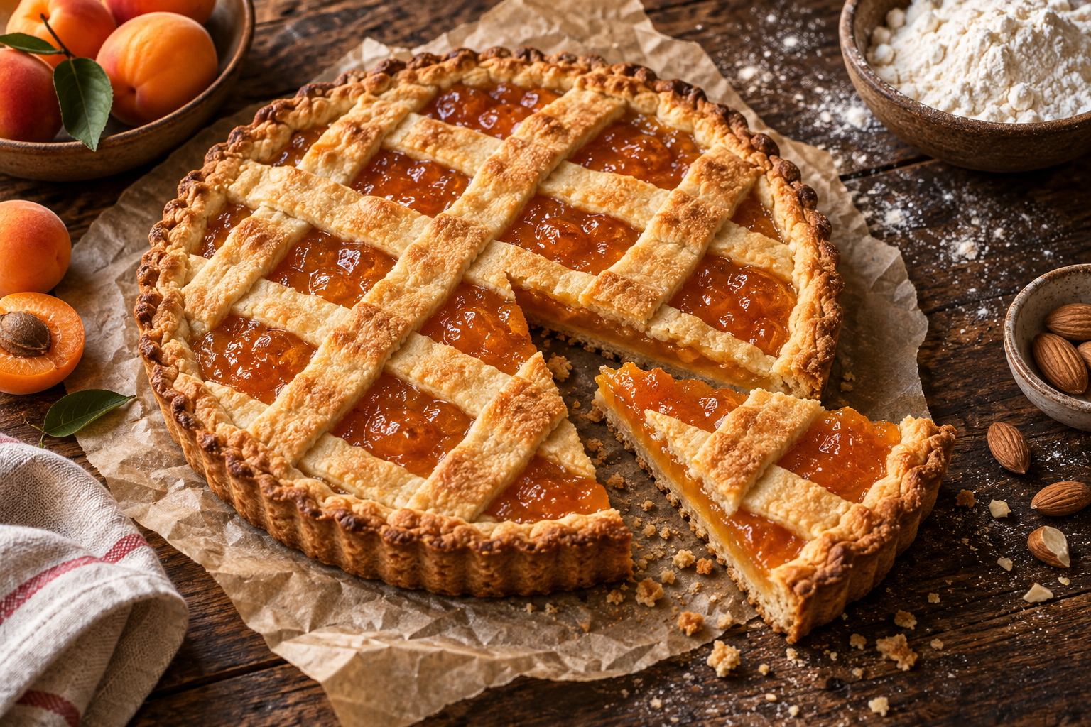 Crostata alla confettura dorata, con una fetta tagliata, su un tavolo rustico